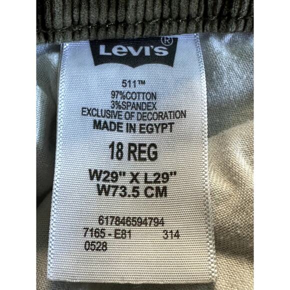 Levis' 511 Slim Olive Green Corduroy Stretch Straight Leg Pants Tag 29W X 29L - Picture 5 of 7